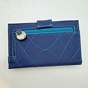 Travelon SafeID Quilted Tri-Fold RFID Wallet Blue Teal 15 CC Coin ID Cash Snap